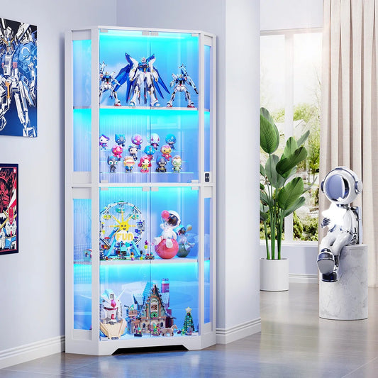 Corner Display Cabinet with Glass Doors, 65" Lighted Curio Display Case with 3 Color Lights for Collectibles, 4-Tier with Human Body Sensor